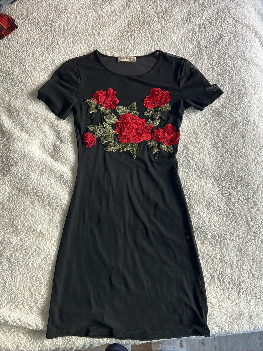 Bear Dance Black Midi Dress with Red Rose Appliqué